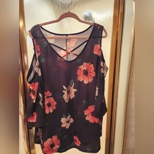 Black and Coral Poppy cold shoulder Top 1X